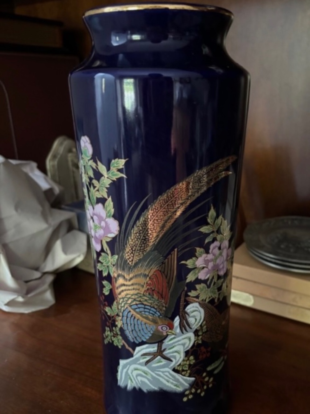 COBALT VASE WITH PEACOCK & FLOWERS Expressly Produced for Heritage Mint Japan